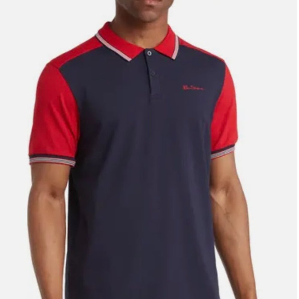 Ben Sherman Two Button Polo Shirt Color Block Navy & Red Blazer Stitched…